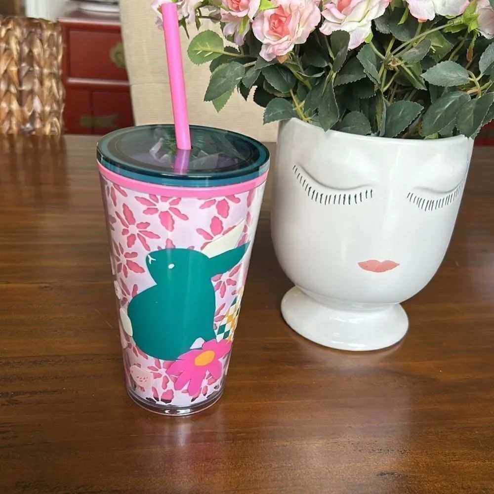 Starbucks coffee pink Easter Bunny floral cup tumbler with straw 16oz NWT
